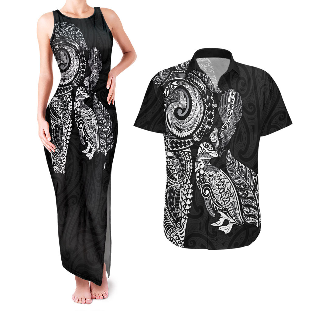 Aotearoa Moko Tribal Tattoo Couples Matching Tank Maxi Dress and Hawaiian Shirt New Zealand Maori Penguin and Fantail Black Color LT03 Black - Polynesian Pride