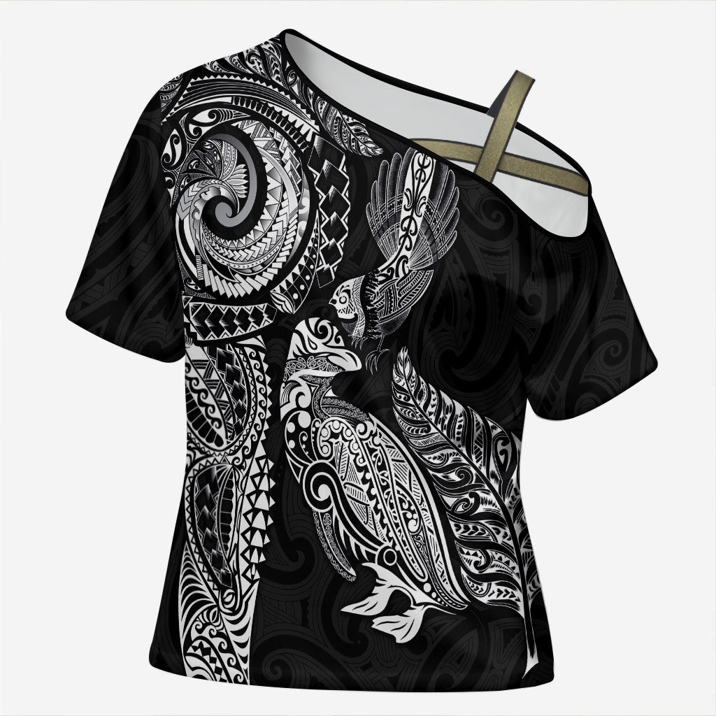 Aotearoa Moko Tribal Tattoo Cross Shoulder Shirt New Zealand Maori Penguin and Fantail Black Color LT03 Female Black - Polynesian Pride