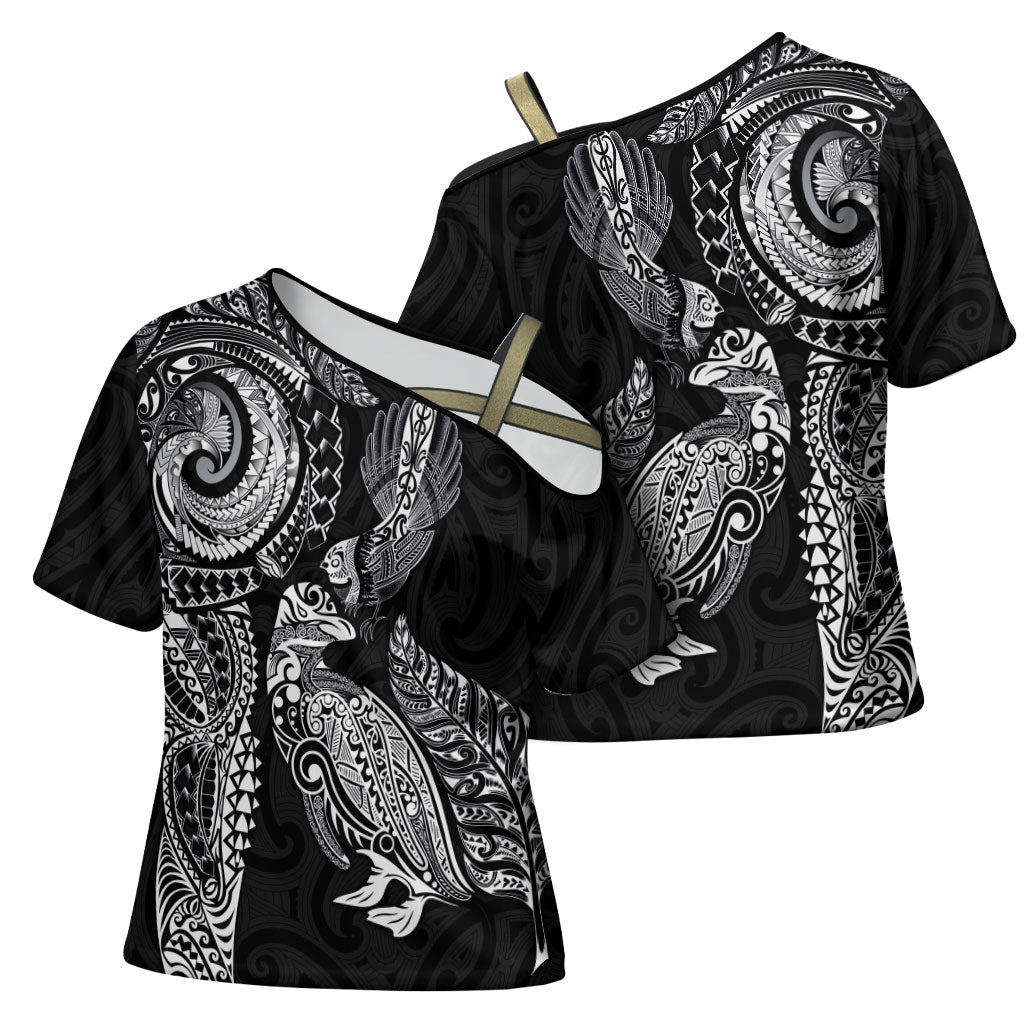 Aotearoa Moko Tribal Tattoo Cross Shoulder Shirt New Zealand Maori Penguin and Fantail Black Color LT03 - Polynesian Pride