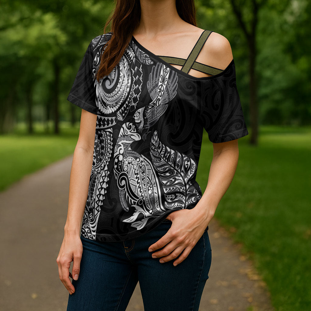 Aotearoa Moko Tribal Tattoo Cross Shoulder Shirt New Zealand Maori Penguin and Fantail Black Color LT03 - Polynesian Pride