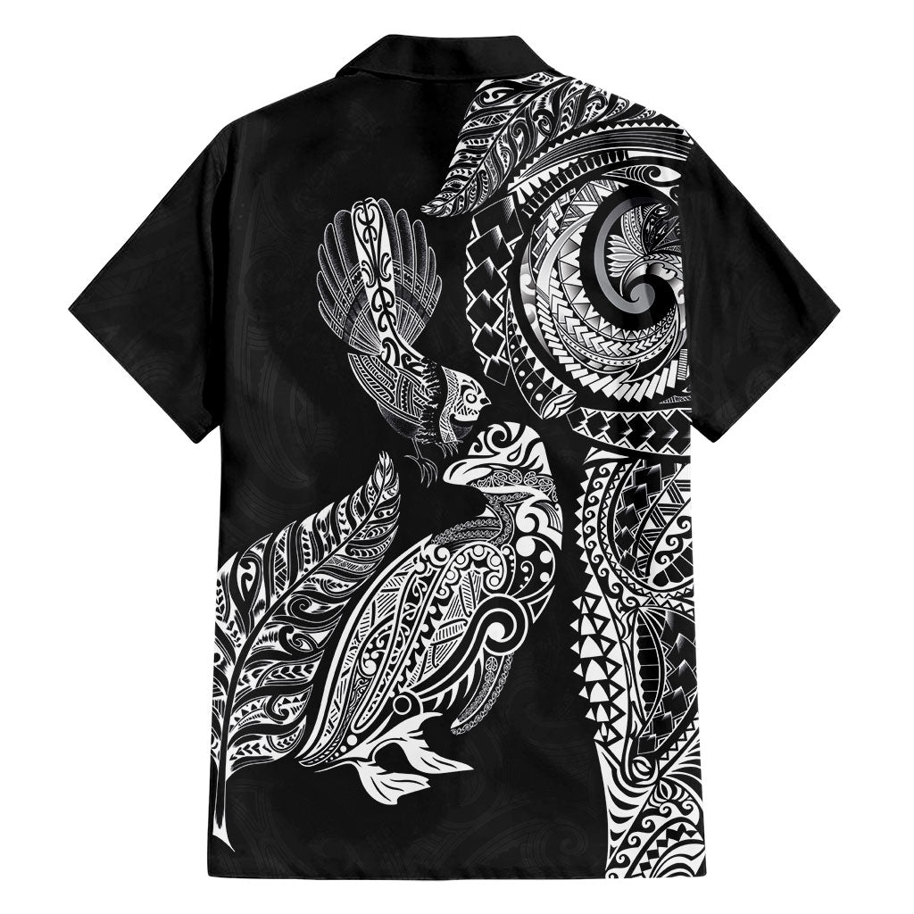 Aotearoa Moko Tribal Tattoo Family Matching Long Sleeve Bodycon Dress and Hawaiian Shirt New Zealand Maori Penguin and Fantail Black Color LT03 - Polynesian Pride