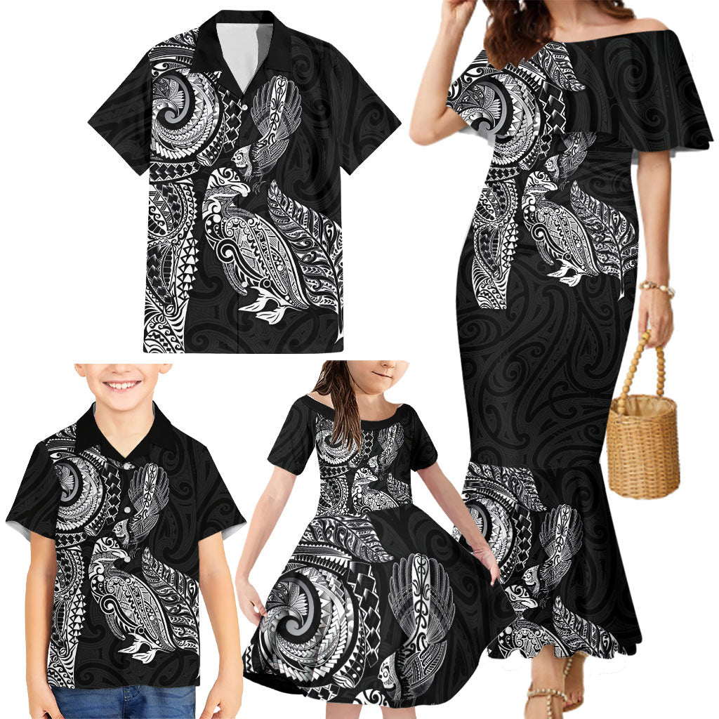 Aotearoa Moko Tribal Tattoo Family Matching Mermaid Dress and Hawaiian Shirt New Zealand Maori Penguin and Fantail Black Color LT03 - Polynesian Pride