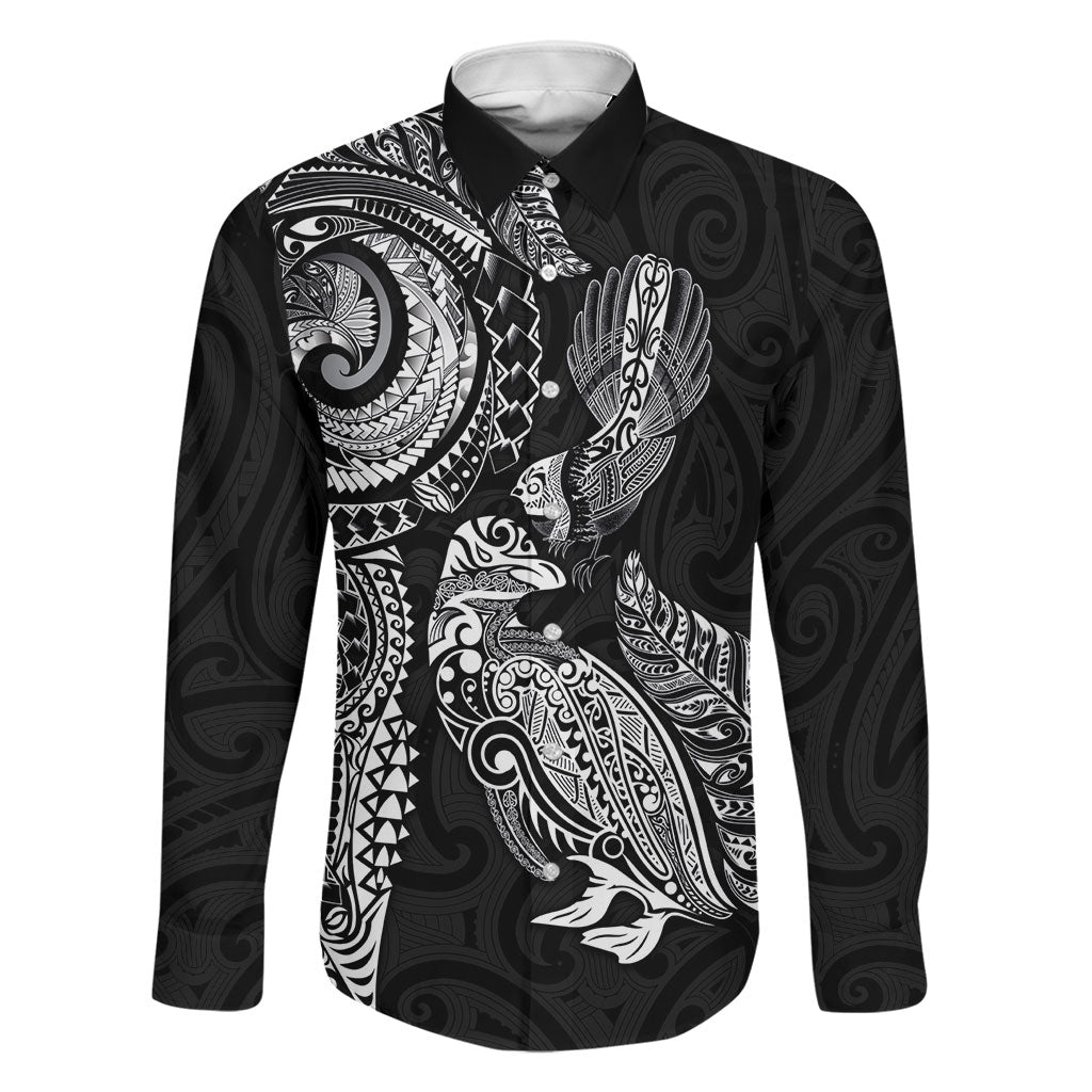 Aotearoa Moko Tribal Tattoo Family Matching Mermaid Dress and Hawaiian Shirt New Zealand Maori Penguin and Fantail Black Color LT03 Dad's Shirt - Long Sleeve Black - Polynesian Pride
