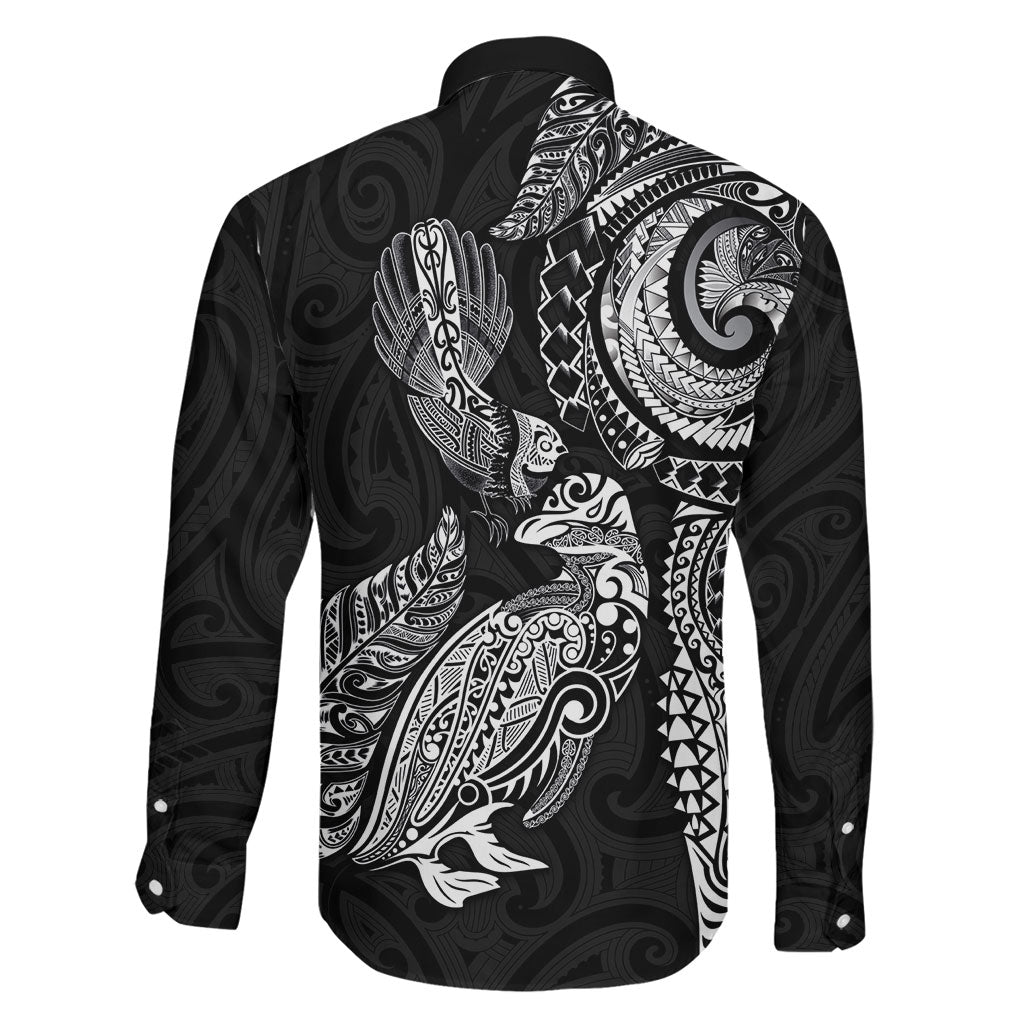 Aotearoa Moko Tribal Tattoo Family Matching Mermaid Dress and Hawaiian Shirt New Zealand Maori Penguin and Fantail Black Color LT03 - Polynesian Pride