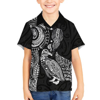 Aotearoa Moko Tribal Tattoo Family Matching Off The Shoulder Long Sleeve Dress and Hawaiian Shirt New Zealand Maori Penguin and Fantail Black Color LT03 Son's Shirt Black - Polynesian Pride