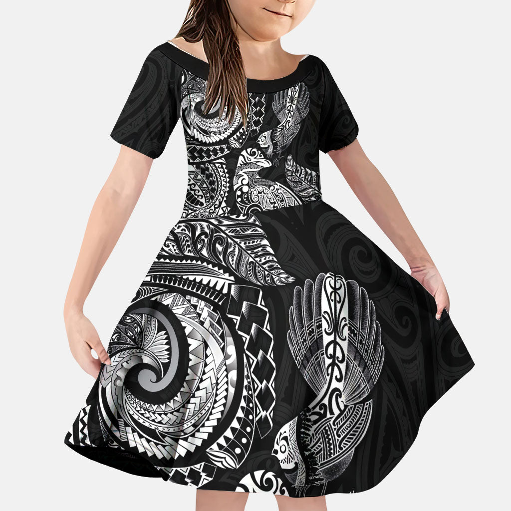 Aotearoa Moko Tribal Tattoo Family Matching Off Shoulder Maxi Dress and Hawaiian Shirt New Zealand Maori Penguin and Fantail Black Color LT03 Daughter's Dress Black - Polynesian Pride
