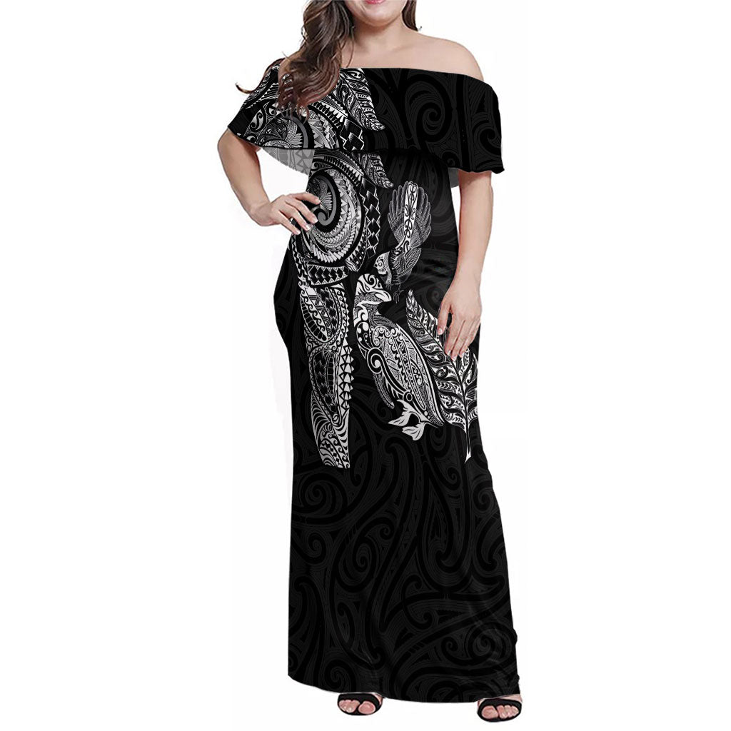 Aotearoa Moko Tribal Tattoo Family Matching Off Shoulder Maxi Dress and Hawaiian Shirt New Zealand Maori Penguin and Fantail Black Color LT03 Mom's Dress Black - Polynesian Pride