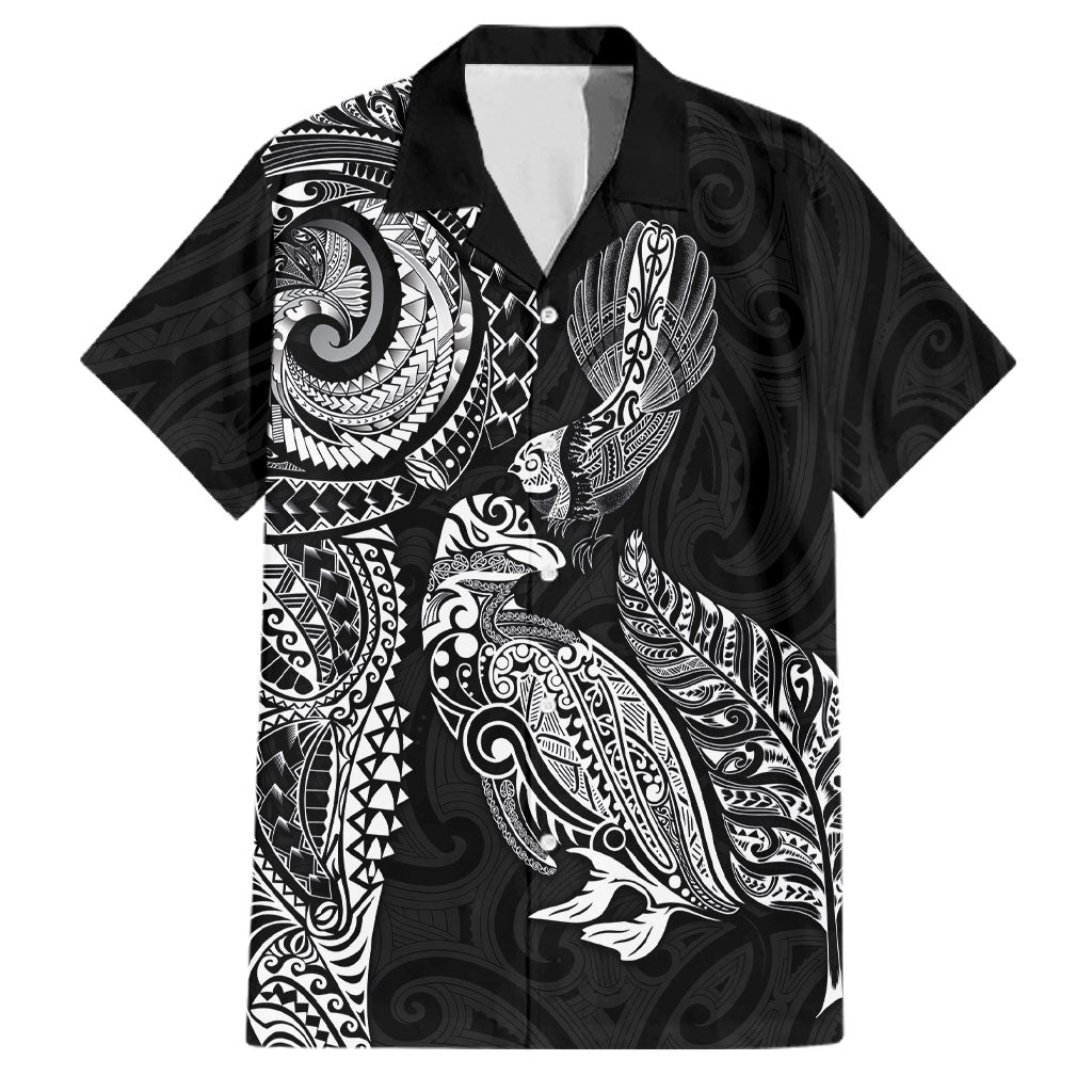Aotearoa Moko Tribal Tattoo Family Matching Puletasi and Hawaiian Shirt New Zealand Maori Penguin and Fantail Black Color LT03 Dad's Shirt - Short Sleeve Black - Polynesian Pride