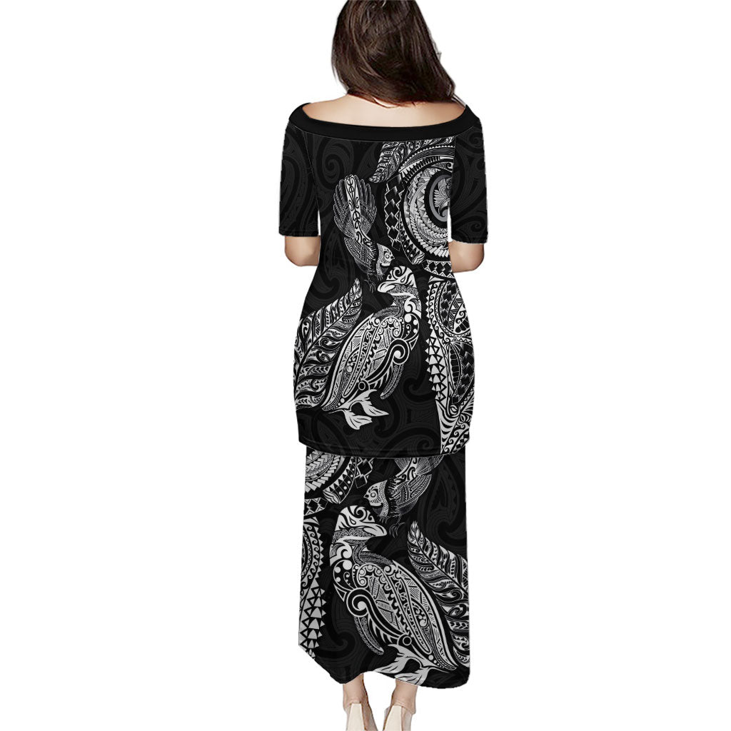 Aotearoa Moko Tribal Tattoo Family Matching Puletasi and Hawaiian Shirt New Zealand Maori Penguin and Fantail Black Color LT03 - Polynesian Pride