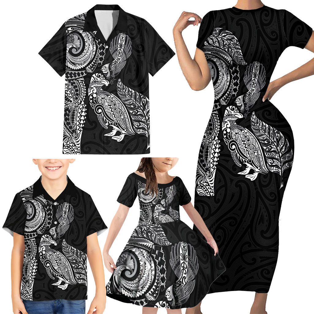 Aotearoa Moko Tribal Tattoo Family Matching Short Sleeve Bodycon Dress and Hawaiian Shirt New Zealand Maori Penguin and Fantail Black Color LT03 - Polynesian Pride