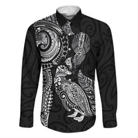 Aotearoa Moko Tribal Tattoo Family Matching Short Sleeve Bodycon Dress and Hawaiian Shirt New Zealand Maori Penguin and Fantail Black Color LT03 Dad's Shirt - Long Sleeve Black - Polynesian Pride