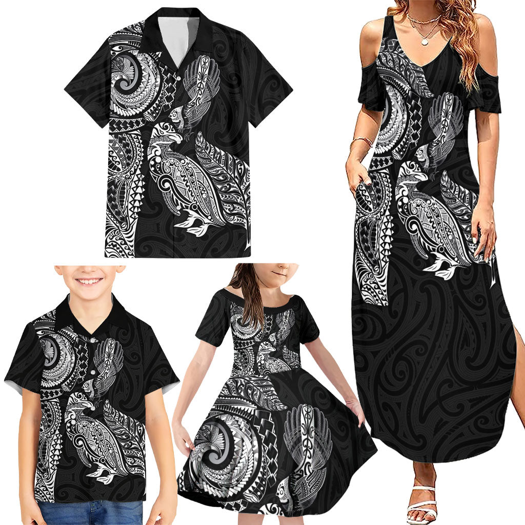 Aotearoa Moko Tribal Tattoo Family Matching Summer Maxi Dress and Hawaiian Shirt New Zealand Maori Penguin and Fantail Black Color LT03 - Polynesian Pride