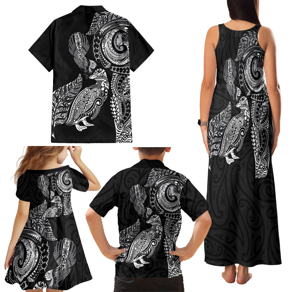 Aotearoa Moko Tribal Tattoo Family Matching Tank Maxi Dress and Hawaiian Shirt New Zealand Maori Penguin and Fantail Black Color LT03 - Polynesian Pride