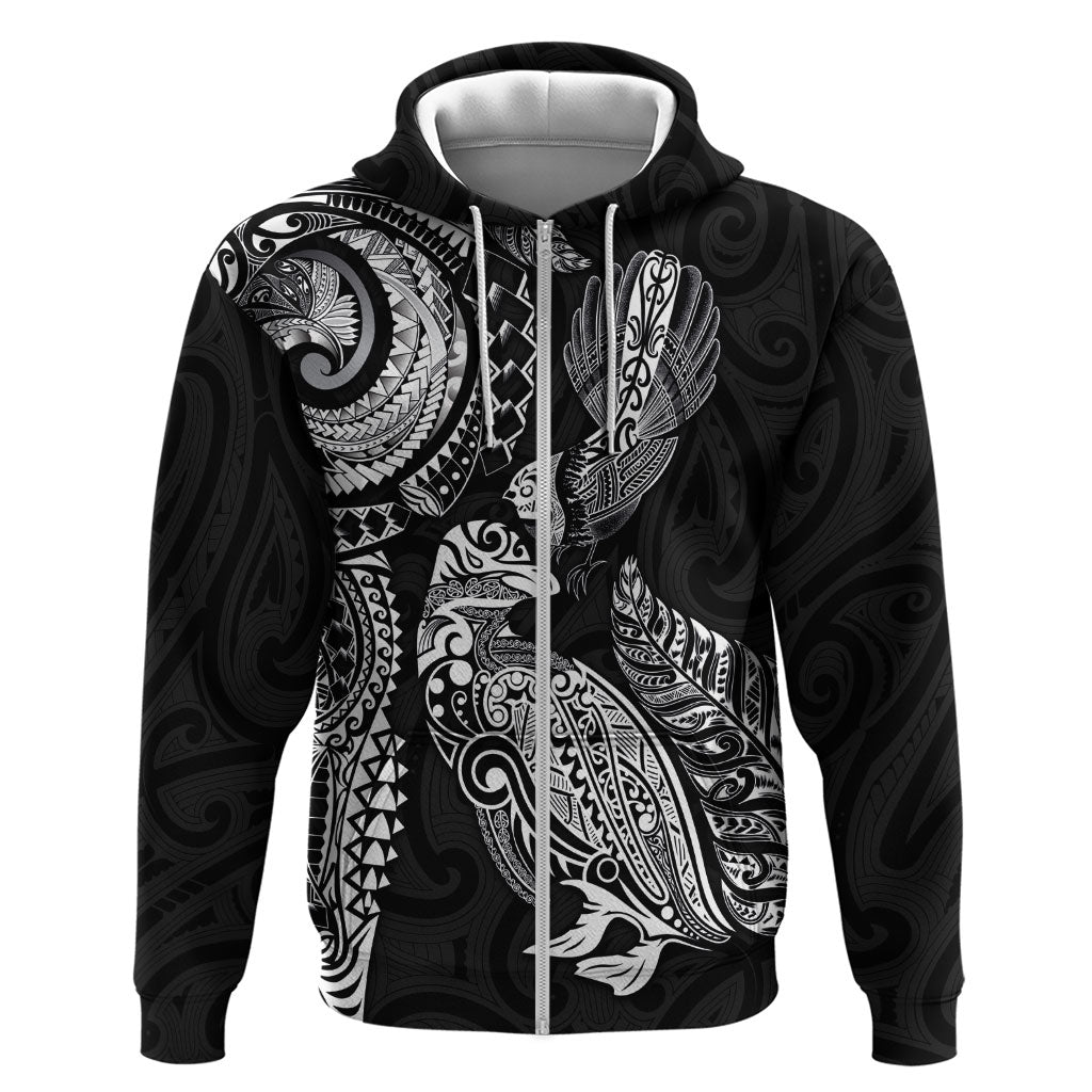 Aotearoa Moko Tribal Tattoo Hoodie New Zealand Maori Penguin and Fantail Black Color LT03 Zip Hoodie Black - Polynesian Pride