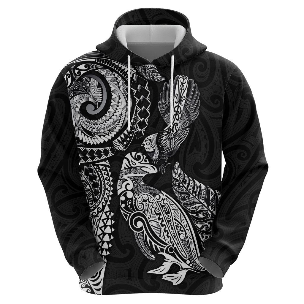 Aotearoa Moko Tribal Tattoo Hoodie New Zealand Maori Penguin and Fantail Black Color LT03 - Polynesian Pride