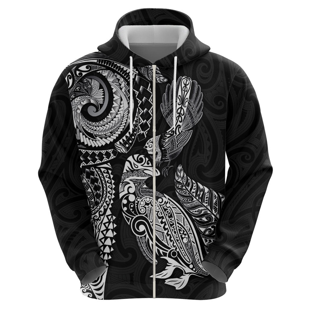 Aotearoa Moko Tribal Tattoo Hoodie New Zealand Maori Penguin and Fantail Black Color LT03 - Polynesian Pride