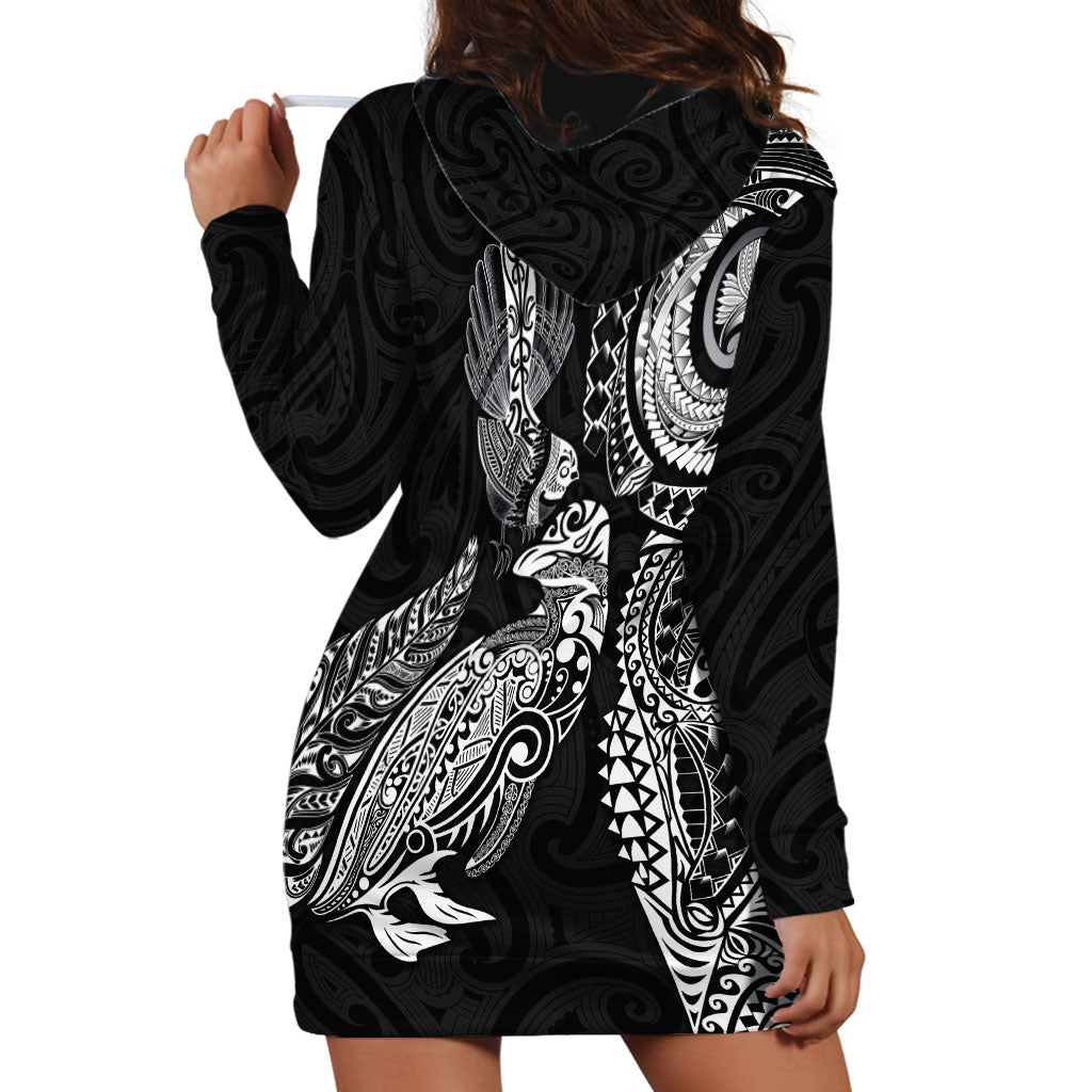 Aotearoa Moko Tribal Tattoo Hoodie Dress New Zealand Maori Penguin and Fantail Black Color LT03 - Polynesian Pride