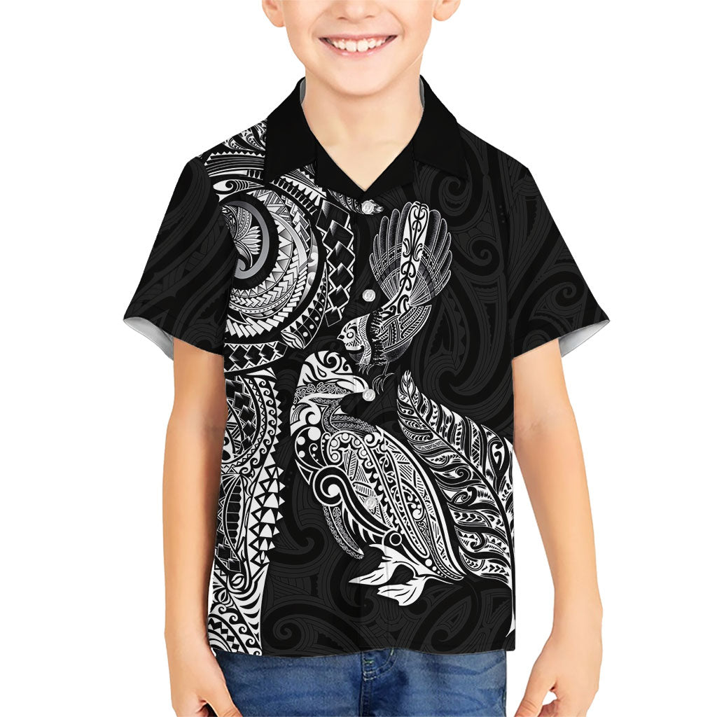 Aotearoa Moko Tribal Tattoo Kid Hawaiian Shirt New Zealand Maori Penguin and Fantail Black Color LT03 Kid Black - Polynesian Pride