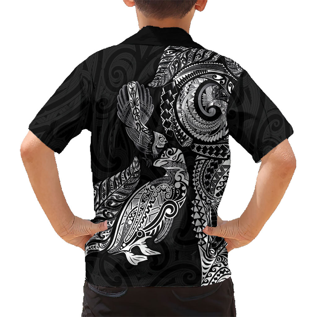 Aotearoa Moko Tribal Tattoo Kid Hawaiian Shirt New Zealand Maori Penguin and Fantail Black Color LT03 - Polynesian Pride