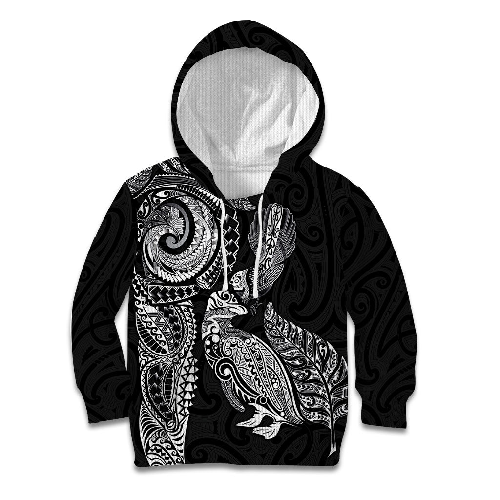 Aotearoa Moko Tribal Tattoo Kid Hoodie New Zealand Maori Penguin and Fantail Black Color
