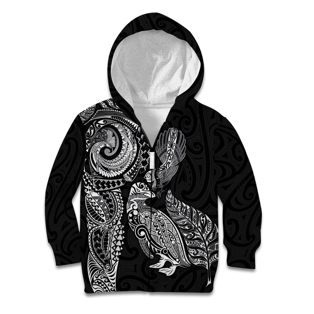 Aotearoa Moko Tribal Tattoo Kid Hoodie New Zealand Maori Penguin and Fantail Black Color LT03 Zip Hoodie Black - Polynesian Pride