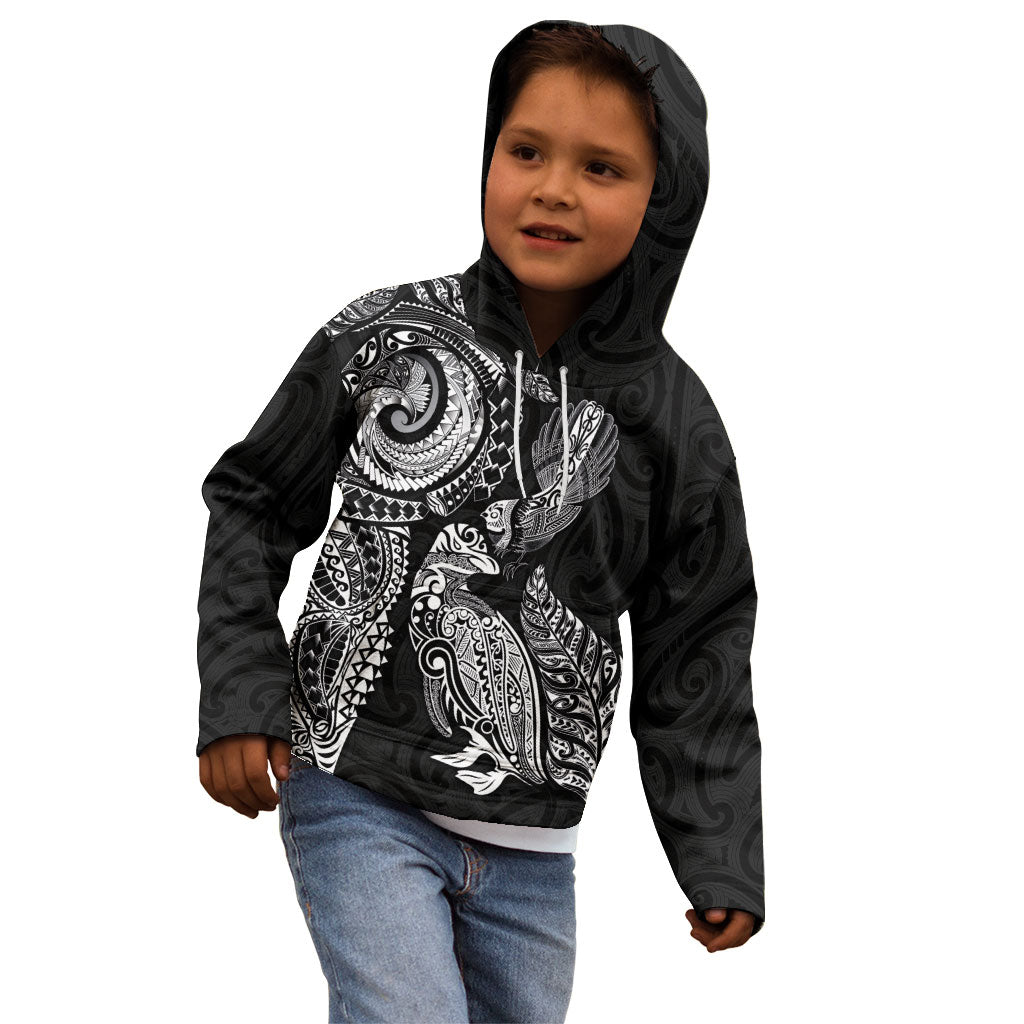 Aotearoa Moko Tribal Tattoo Kid Hoodie New Zealand Maori Penguin and Fantail Black Color LT03 - Polynesian Pride