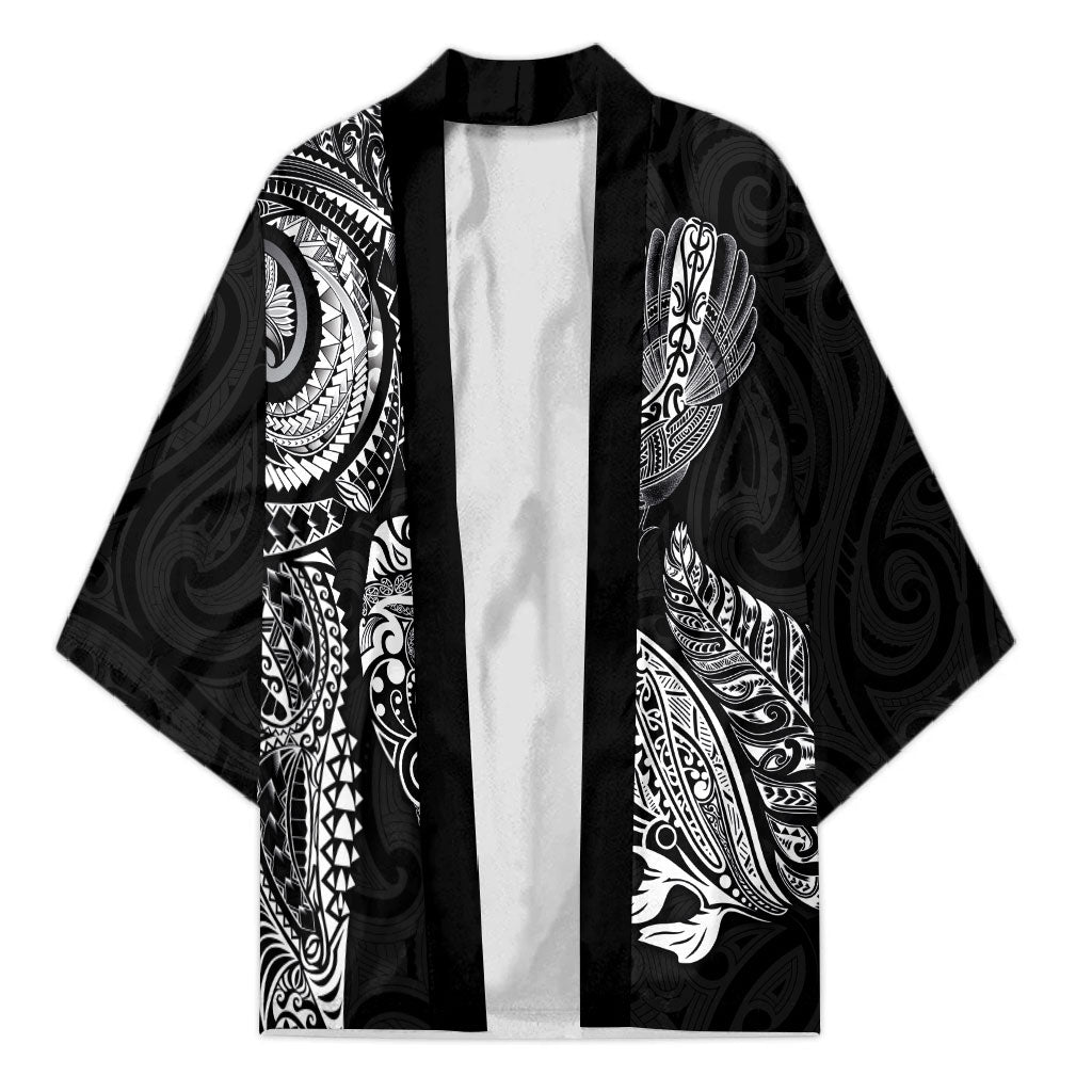 Aotearoa Moko Tribal Tattoo Kimono New Zealand Maori Penguin and Fantail Black Color LT03 Unisex Black - Polynesian Pride