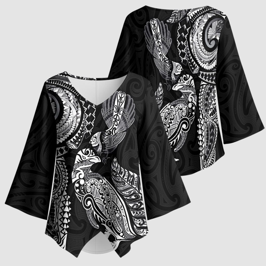 Aotearoa Moko Tribal Tattoo Kimono Sleeve Blouse New Zealand Maori Penguin and Fantail Black Color LT03 - Polynesian Pride
