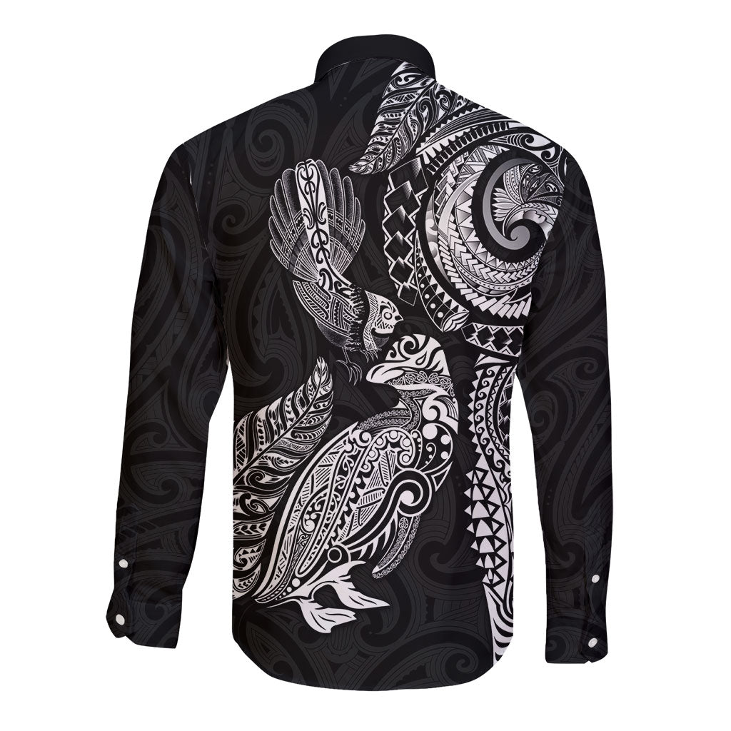 Aotearoa Moko Tribal Tattoo Long Sleeve Button Shirt New Zealand Maori Penguin and Fantail Black Color LT03 - Polynesian Pride