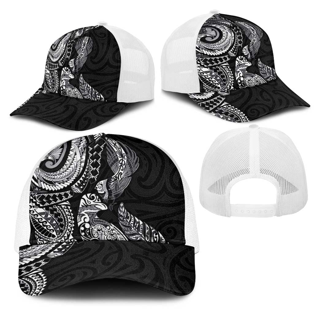 Aotearoa Moko Tribal Tattoo Mesh Trucker Cap New Zealand Maori Penguin and Fantail Black Color
