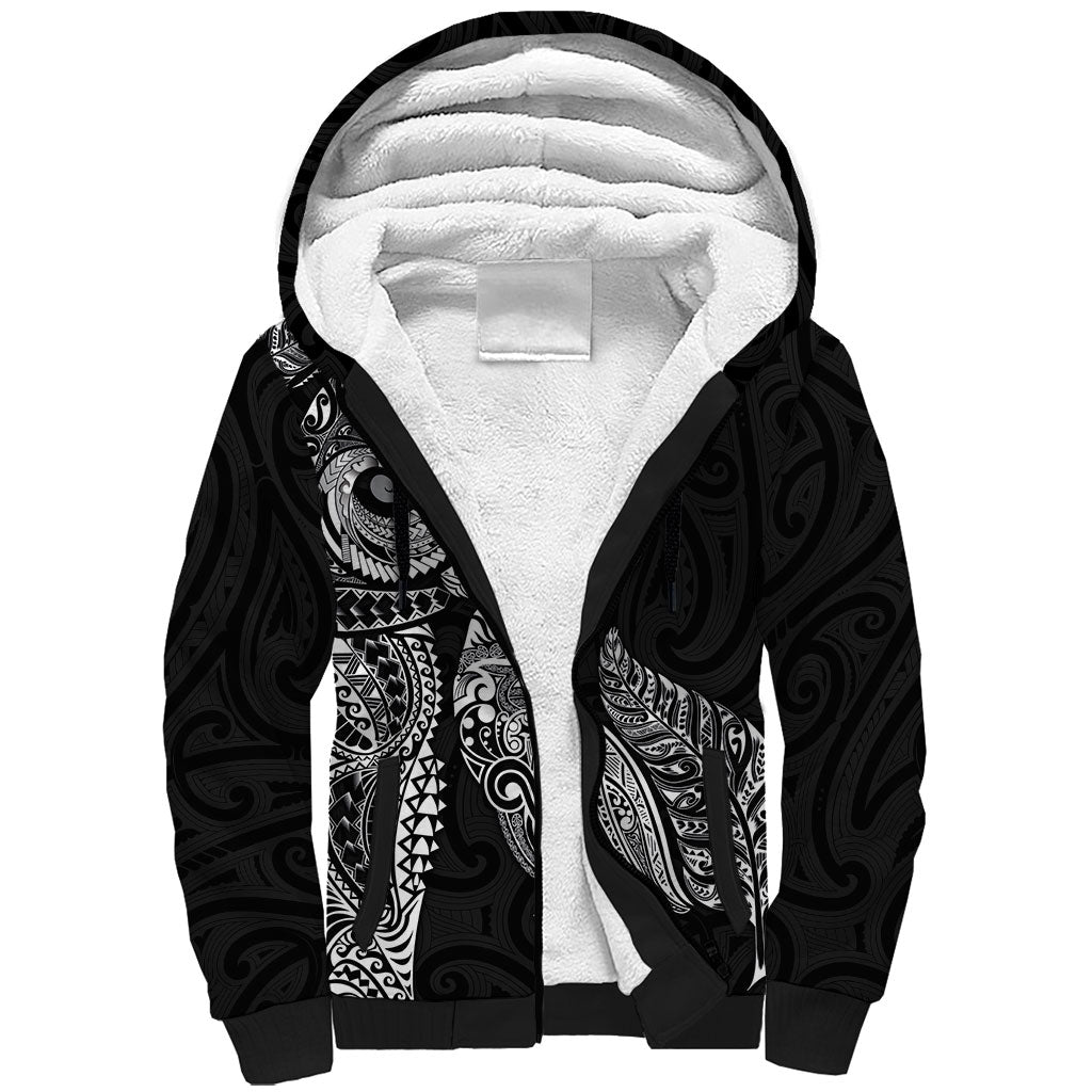 Aotearoa Moko Tribal Tattoo Sherpa Hoodie New Zealand Maori Penguin and Fantail Black Color LT03 Unisex Black - Polynesian Pride