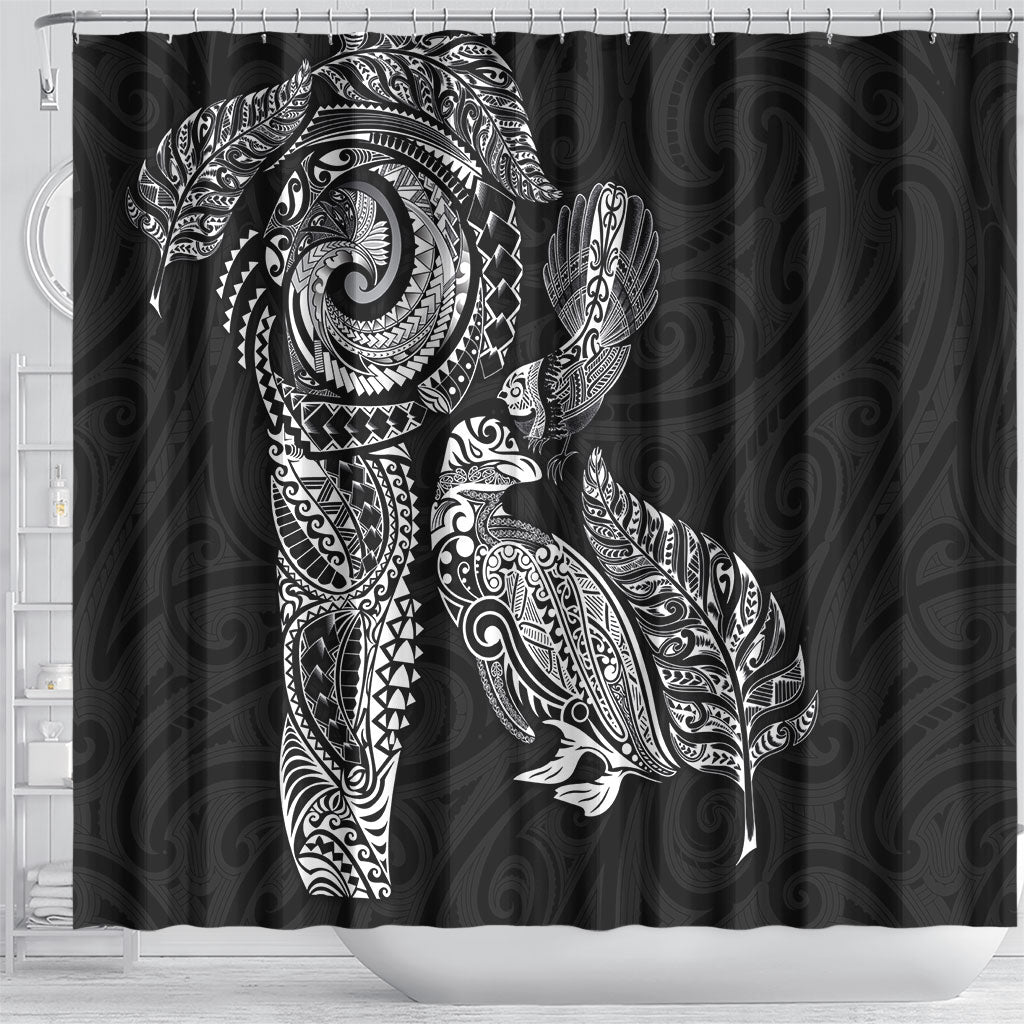 Aotearoa Moko Tribal Tattoo Shower Curtain New Zealand Maori Penguin and Fantail Black Color LT03 - Polynesian Pride