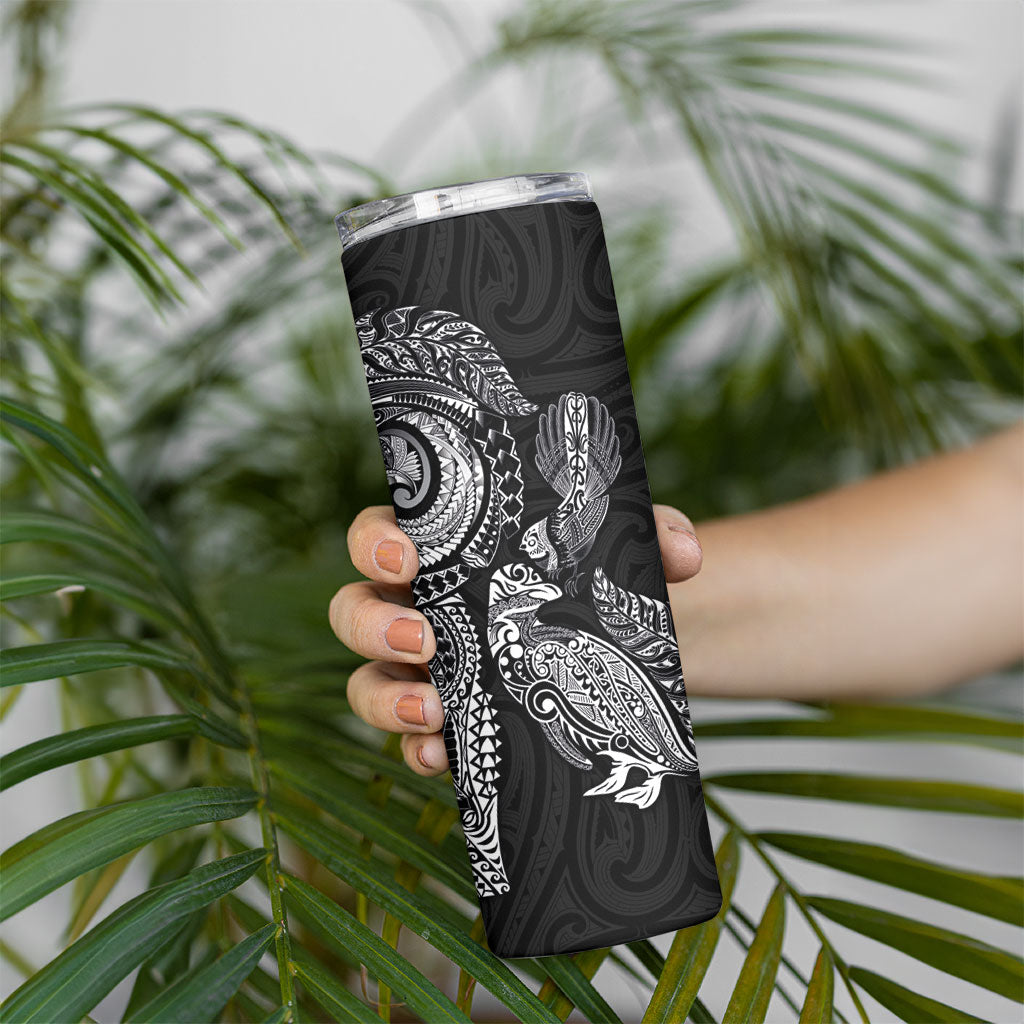 Aotearoa Moko Tribal Tattoo Skinny Tumbler New Zealand Maori Penguin and Fantail Black Color LT03 - Polynesian Pride