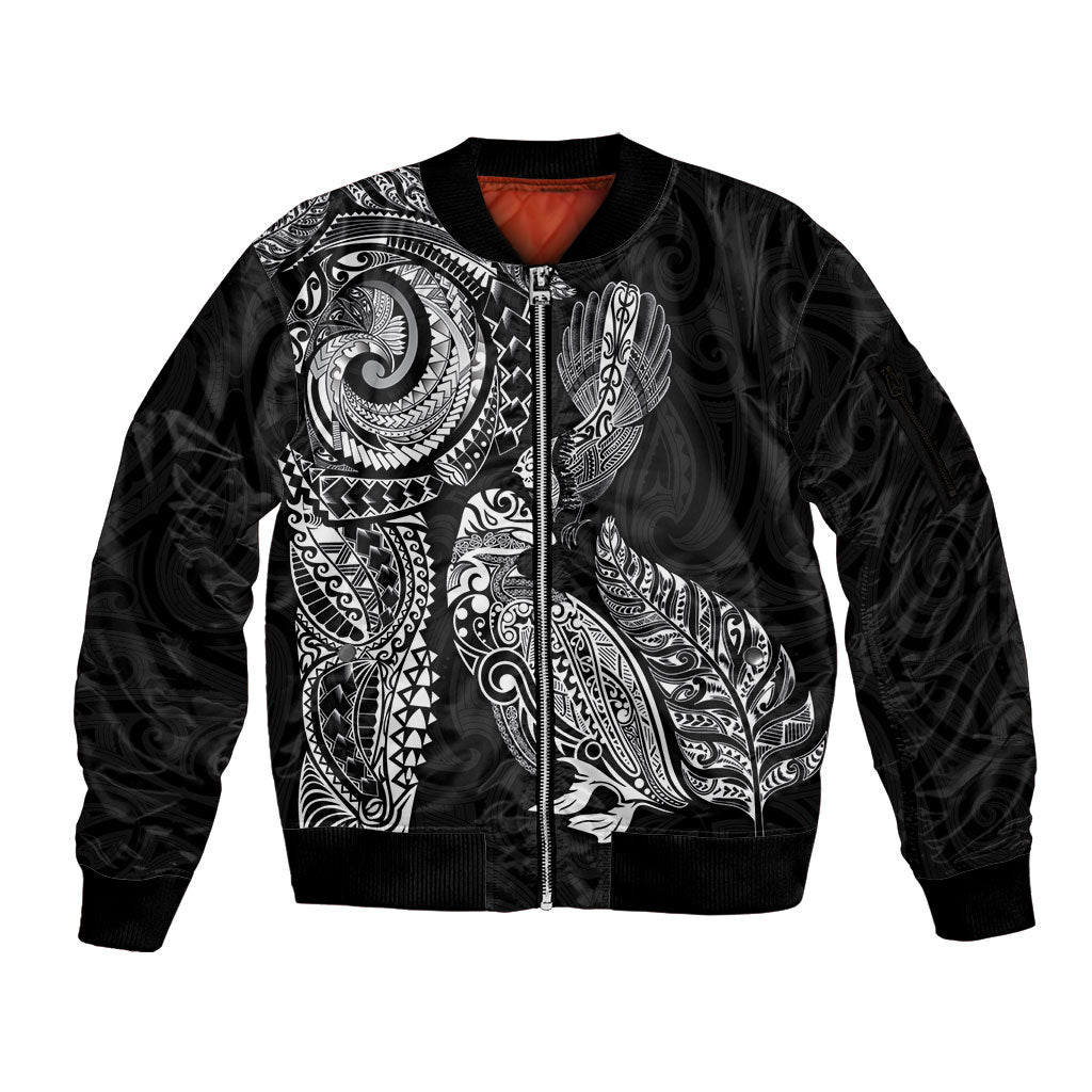 Aotearoa Moko Tribal Tattoo Sleeve Zip Bomber Jacket New Zealand Maori Penguin and Fantail Black Color LT03 Unisex Black - Polynesian Pride