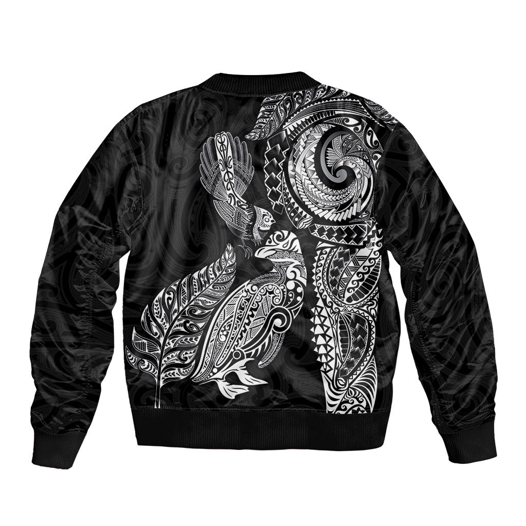 Aotearoa Moko Tribal Tattoo Sleeve Zip Bomber Jacket New Zealand Maori Penguin and Fantail Black Color