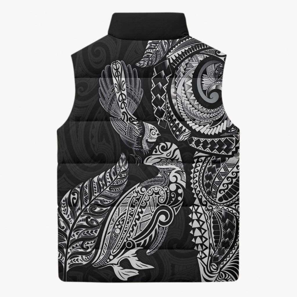 Aotearoa Moko Tribal Tattoo Sleeveless Puffer Jacket New Zealand Maori Penguin and Fantail Black Color LT03 - Polynesian Pride