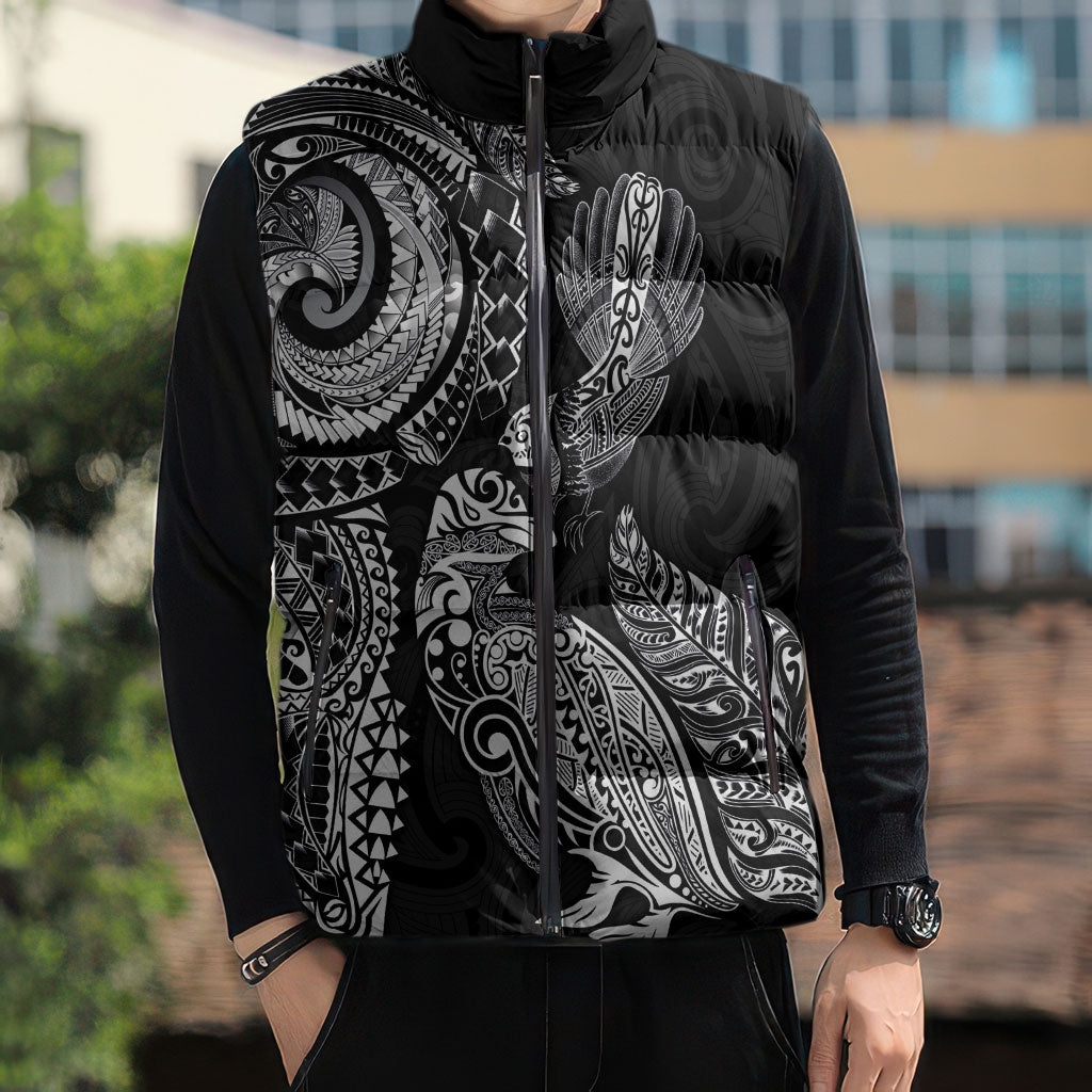 Aotearoa Moko Tribal Tattoo Sleeveless Puffer Jacket New Zealand Maori Penguin and Fantail Black Color LT03 - Polynesian Pride
