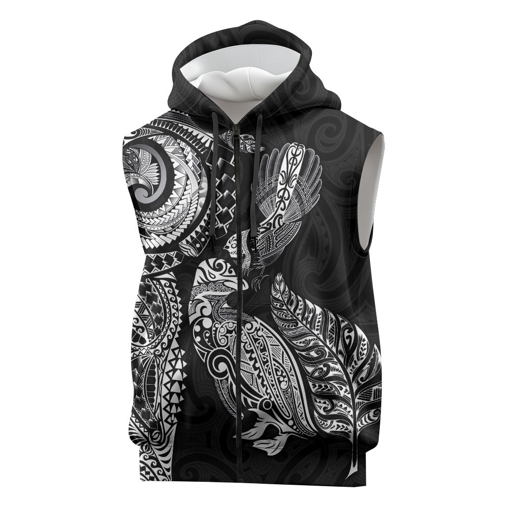 Aotearoa Moko Tribal Tattoo Sleeveless Zip Hoodie New Zealand Maori Penguin and Fantail Black Color LT03 Black - Polynesian Pride