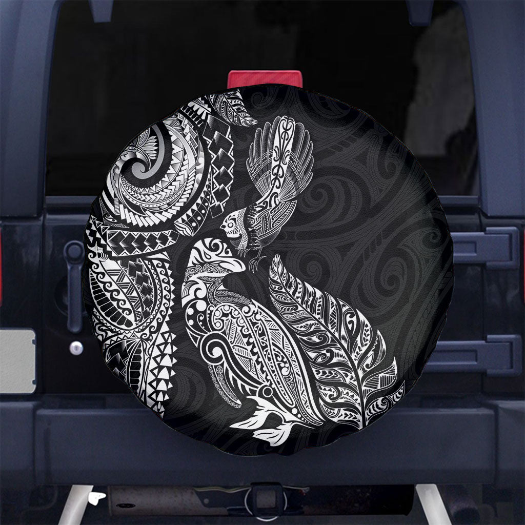 Aotearoa Moko Tribal Tattoo Spare Tire Cover New Zealand Maori Penguin and Fantail Black Color LT03 No hole Black - Polynesian Pride