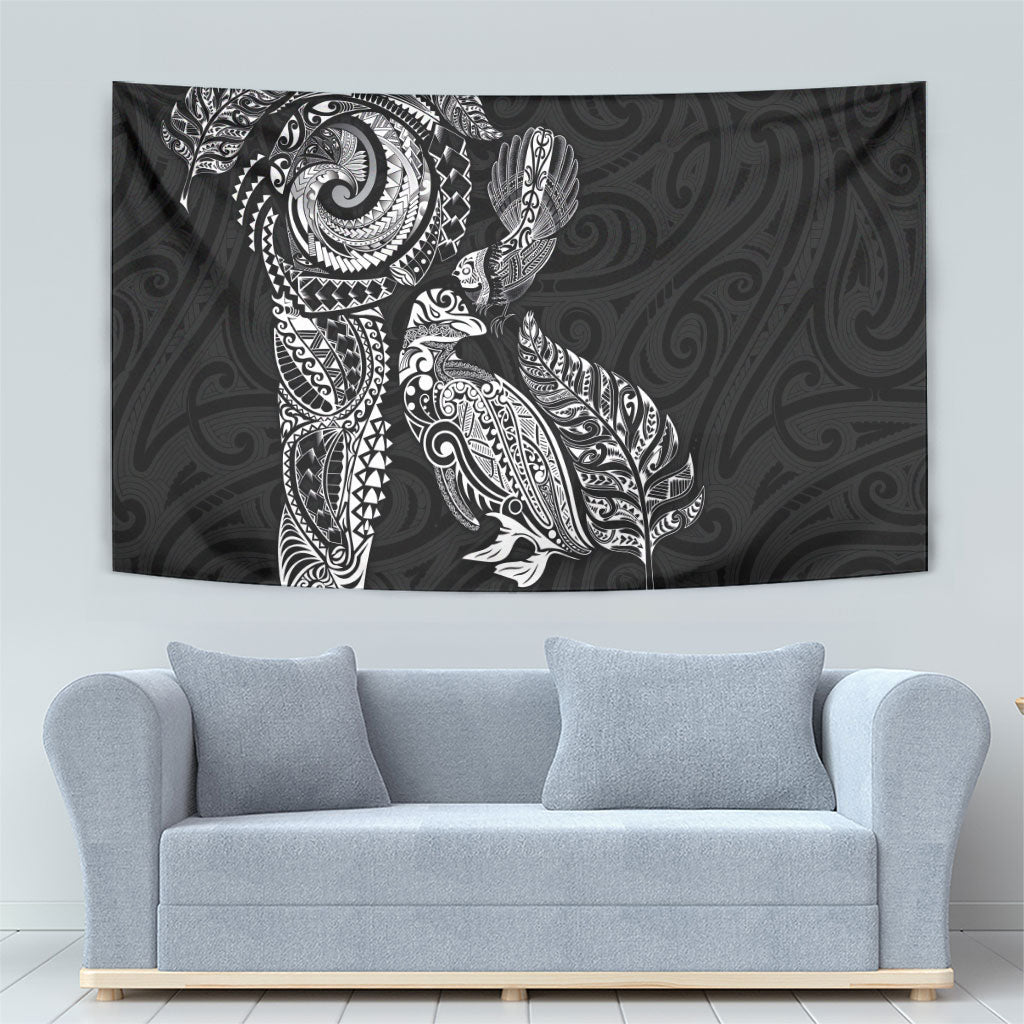 Aotearoa Moko Tribal Tattoo Tapestry New Zealand Maori Penguin and Fantail Black Color LT03 - Polynesian Pride