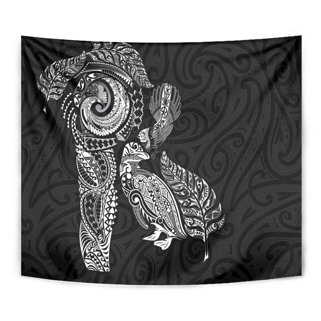 Aotearoa Moko Tribal Tattoo Tapestry New Zealand Maori Penguin and Fantail Black Color LT03 - Polynesian Pride