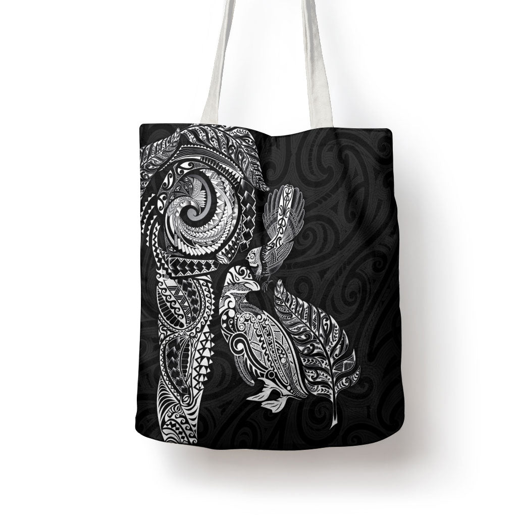 Aotearoa Moko Tribal Tattoo Tote Bag New Zealand Maori Penguin and Fantail Black Color LT03 - Polynesian Pride