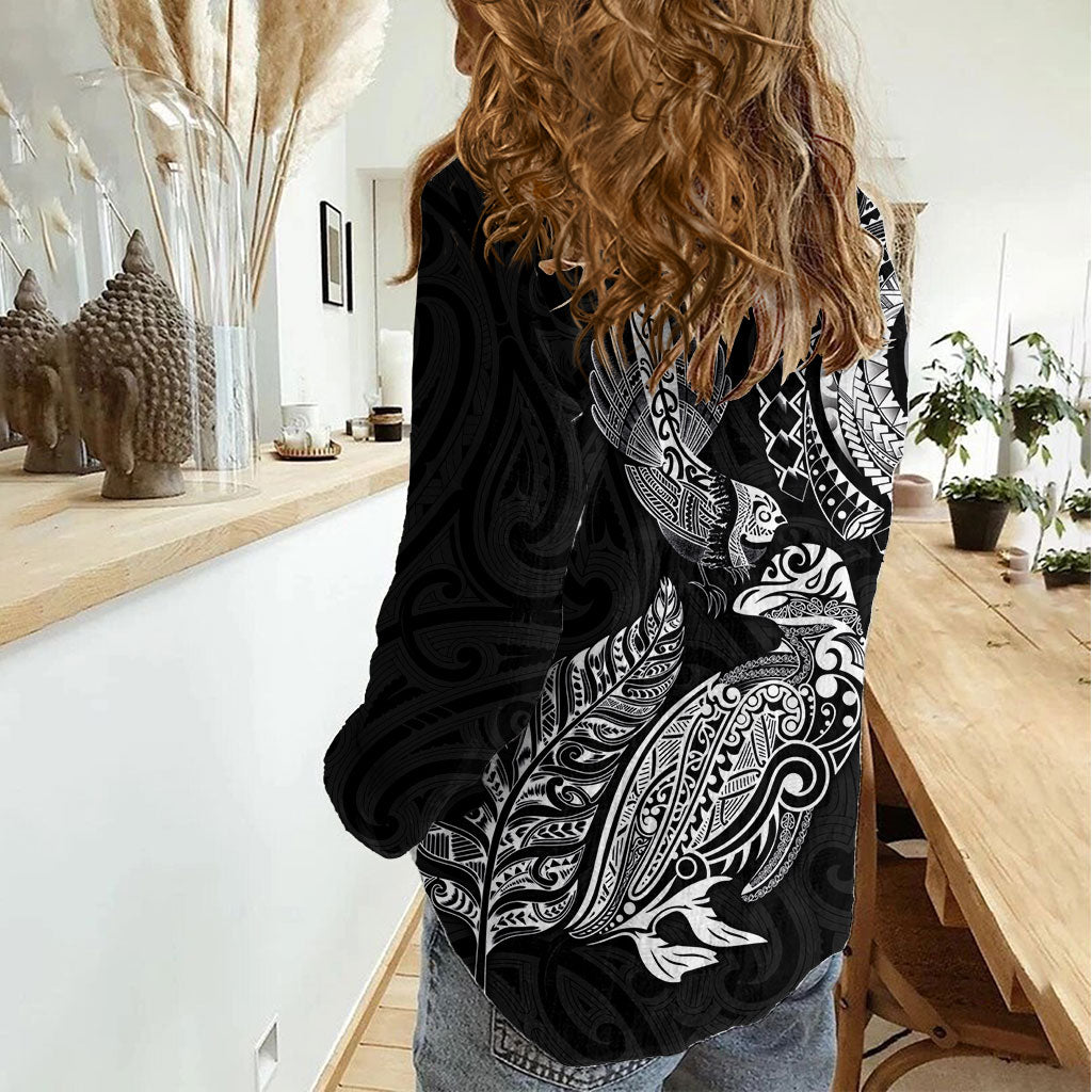 Aotearoa Moko Tribal Tattoo Women Casual Shirt New Zealand Maori Penguin and Fantail Black Color LT03 - Polynesian Pride