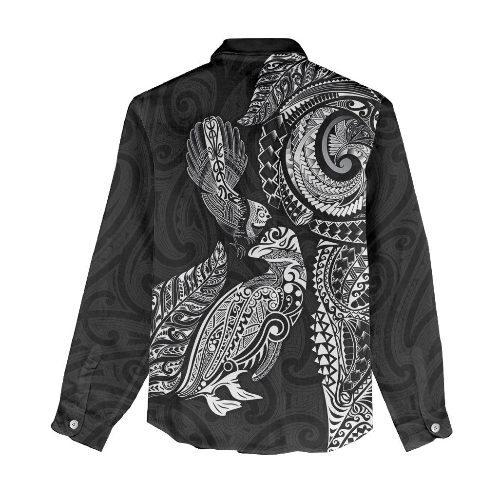 Aotearoa Moko Tribal Tattoo Women Casual Shirt New Zealand Maori Penguin and Fantail Black Color LT03 - Polynesian Pride