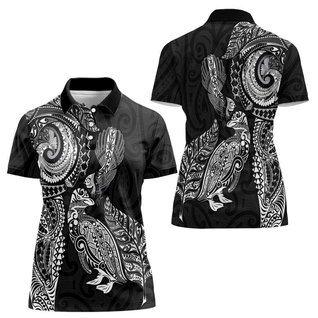 Aotearoa Moko Tribal Tattoo Women Polo Shirt New Zealand Maori Penguin and Fantail Black Color LT03 - Polynesian Pride