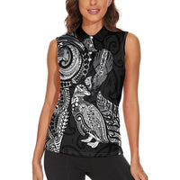 Aotearoa Moko Tribal Tattoo Women Sleeveless Polo Shirt New Zealand Maori Penguin and Fantail Black Color LT03 - Polynesian Pride