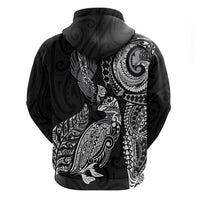 Aotearoa Moko Tribal Tattoo Zip Hoodie New Zealand Maori Penguin and Fantail Black Color LT03 - Polynesian Pride