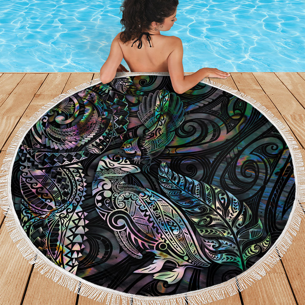 Aotearoa Moko Tribal Tattoo Beach Blanket New Zealand Maori Penguin and Fantail Paua Shell Style