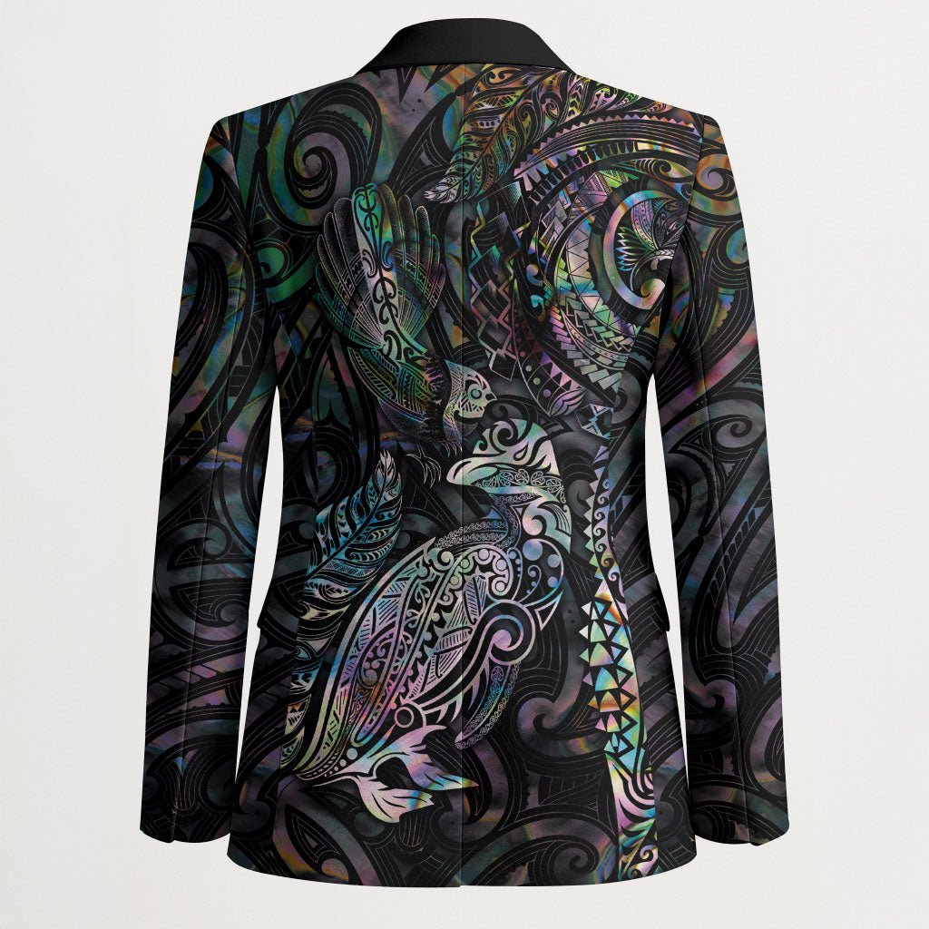 Aotearoa Moko Tribal Tattoo Blazer New Zealand Maori Penguin and Fantail Paua Shell Style