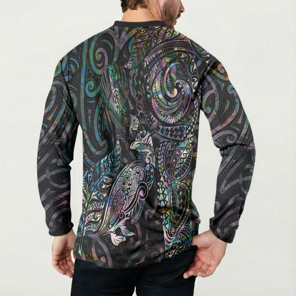 Aotearoa Moko Tribal Tattoo Button Sweatshirt New Zealand Maori Penguin and Fantail Paua Shell Style LT03 - Polynesian Pride